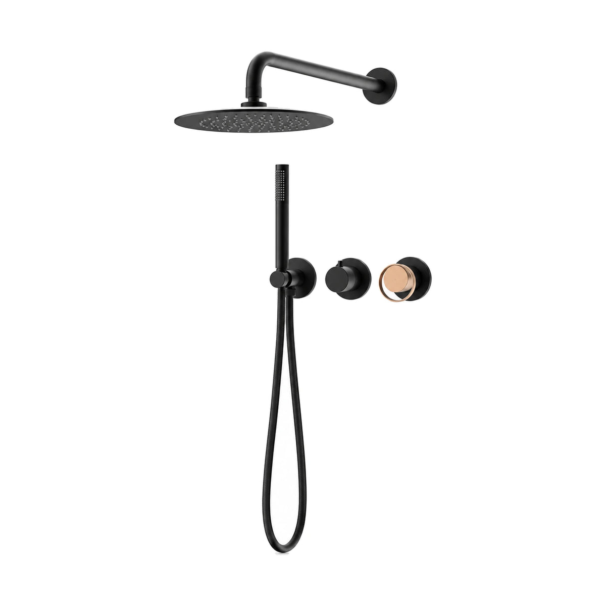 Matte black concealed shower with round rain head, handheld and two round controls, one with rose gold ring — SANIKB SP1004G 22 64 1-3