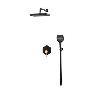 Matte black concealed shower with rectangular rain head, six-sided trim, rose gold lever, square handheld — SANIKB SP1026 22 10 1