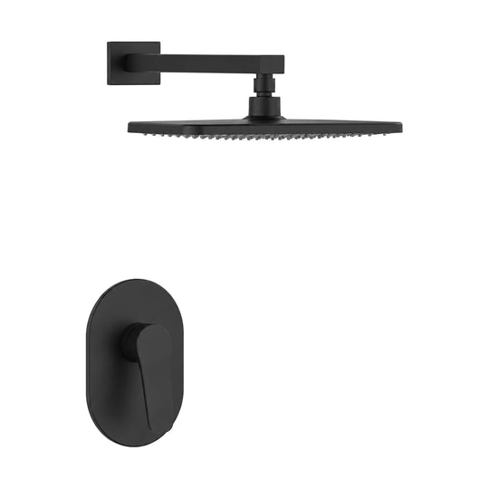 Matte black square rain head on square wall arm with oval concealed valve plate and curved lever — SANIKB SP091 21 31 1