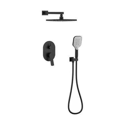Matte black concealed shower system with square rain head, oval valve plate and square-face hand shower — SANIKB SP091 23 31 1