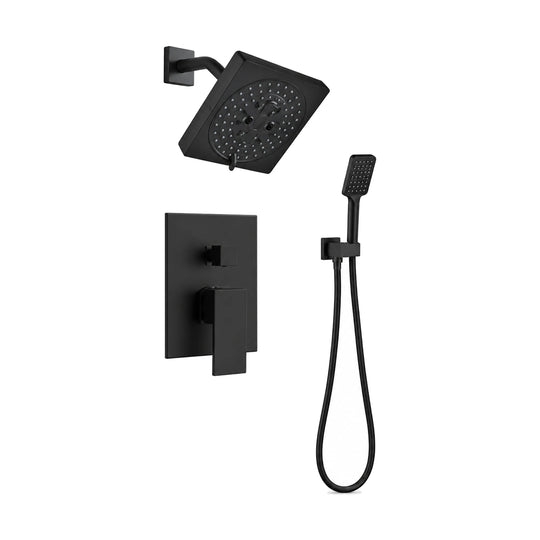 Matte black square concealed shower system with multi-spray shower head, flat lever trim and handheld — SANIKB S008 16 31 1