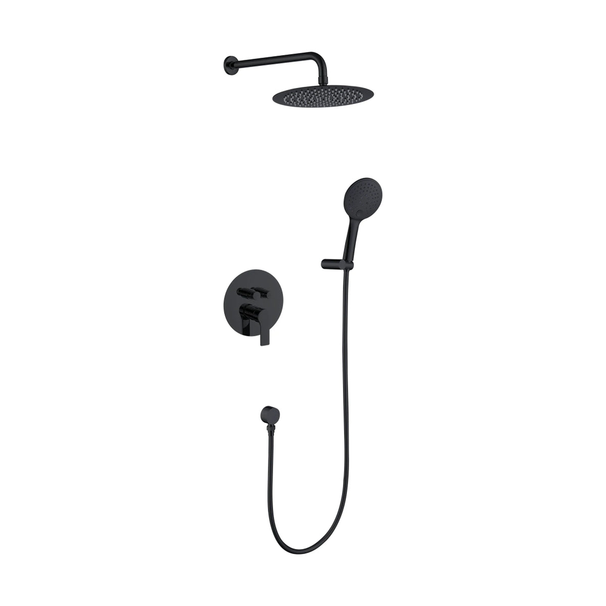 Matte Black — Matte black concealed shower system with round lever and diverter plate, round rain head and round handheld — SANIKB DL-08 525-BK