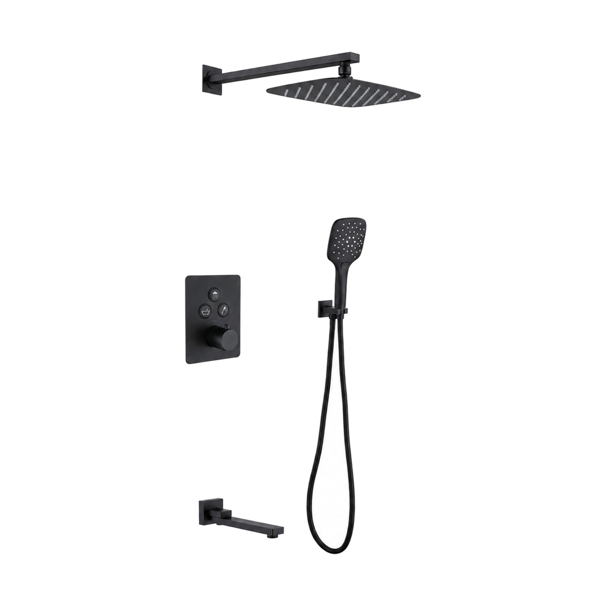 Matte black concealed shower system with push-button plate, square rain head, square handheld and tub spout — SANIKB DL-08 530-BK