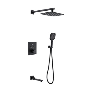 Matte black concealed shower system with push-button plate, square rain head, square handheld and tub spout — SANIKB DL-08 530-BK