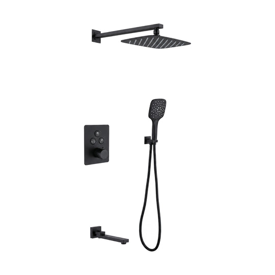 Matte black concealed shower system with push-button plate, square rain head, square handheld and tub spout — SANIKB DL-08 530-BK