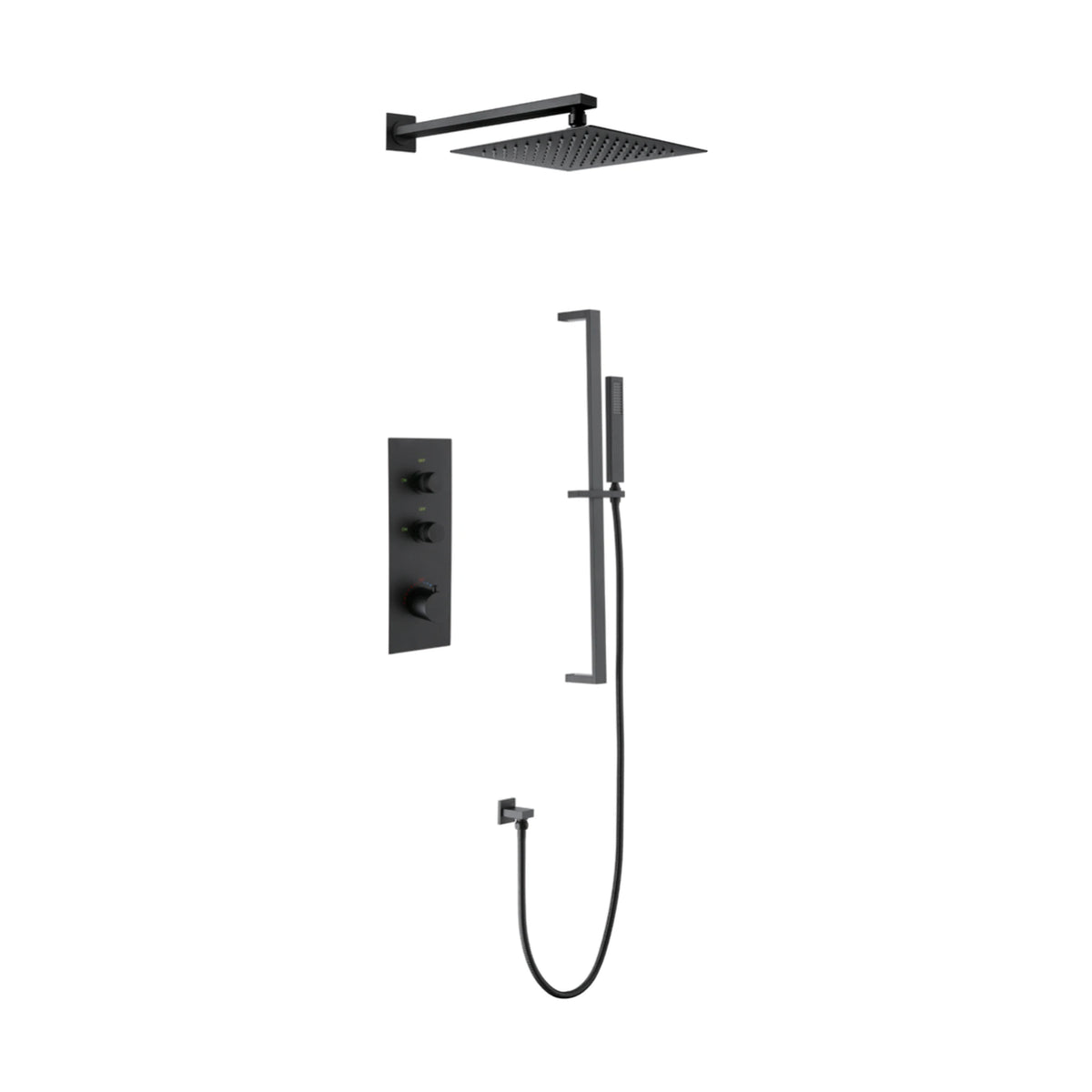 Matte Black — Matte black concealed shower system with vertical three-knob plate, square rain head and slide bar handheld — SANIKB DL-08 522-BK