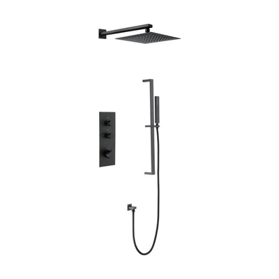Matte Black — Matte black concealed shower system with vertical three-knob plate, square rain head and slide bar handheld — SANIKB DL-08 522-BK