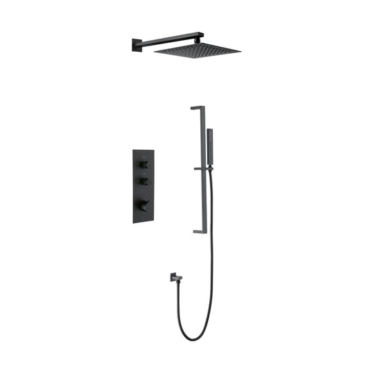 Matte Black — Matte black concealed shower system with vertical three-knob plate, square rain head and slide bar handheld — SANIKB DL-08 522-BK
