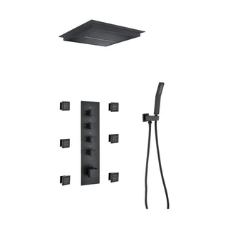 Matte black concealed shower system with ceiling rain panel, six body jets, five-knob plate and handheld — SANIKB DL-08 523-BK