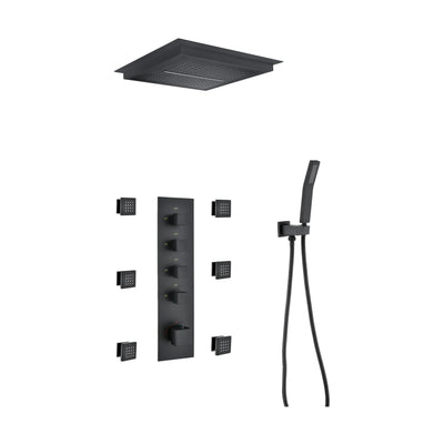 Matte black concealed shower system with ceiling rain panel, six body jets, five-knob plate and handheld — SANIKB DL-08 523-BK