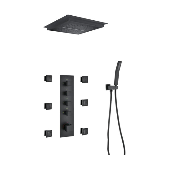 Matte black concealed shower system with ceiling rain panel, six body jets, five-knob plate and handheld — SANIKB DL-08 523-BK