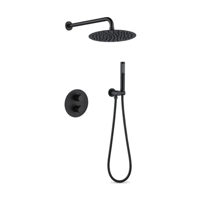 Matte black concealed shower system with round two-knob plate, curved-arm rain head and stick handheld — SANIKB DL-08 527-BK