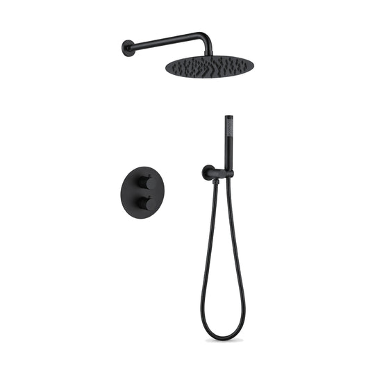 Matte black concealed shower system with round two-knob plate, curved-arm rain head and stick handheld — SANIKB DL-08 527-BK
