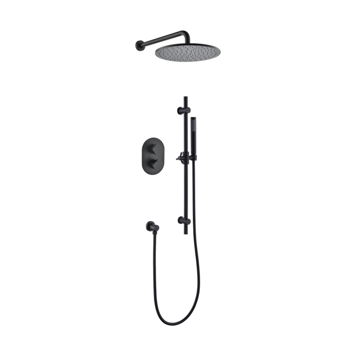 Matte black concealed shower system with oval two-knob plate, round rain head and slide bar handheld — SANIKB DL-08 535-BK