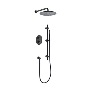 Matte black concealed shower system with oval two-knob plate, round rain head and slide bar handheld — SANIKB DL-08 535-BK
