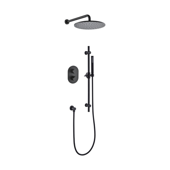 Matte black concealed shower system with oval two-knob plate, round rain head and slide bar handheld — SANIKB DL-08 535-BK