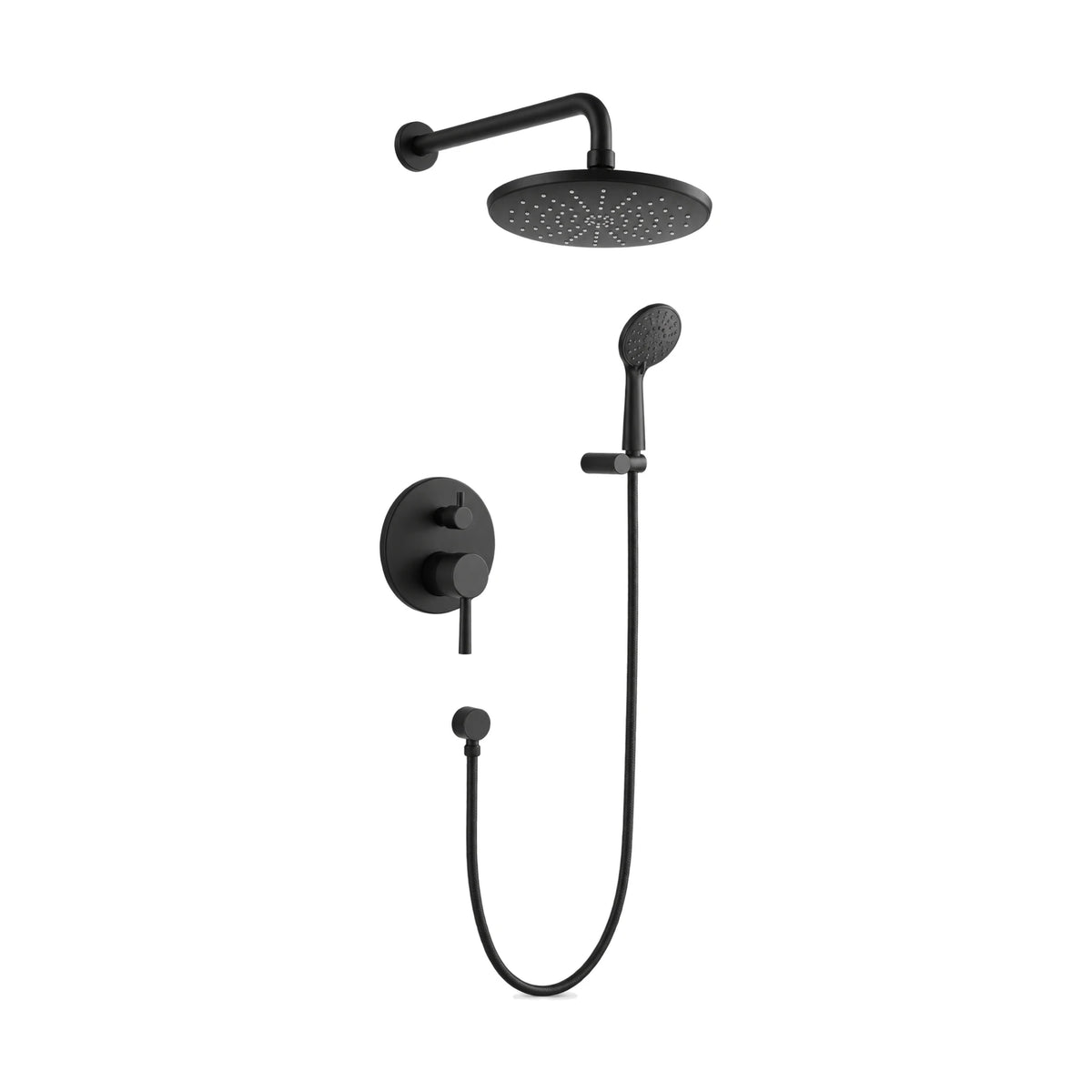 Matte black concealed shower with round lever-and-diverter plate, round rain head, handheld and wall outlet — SANIKB DL-08 526-BK