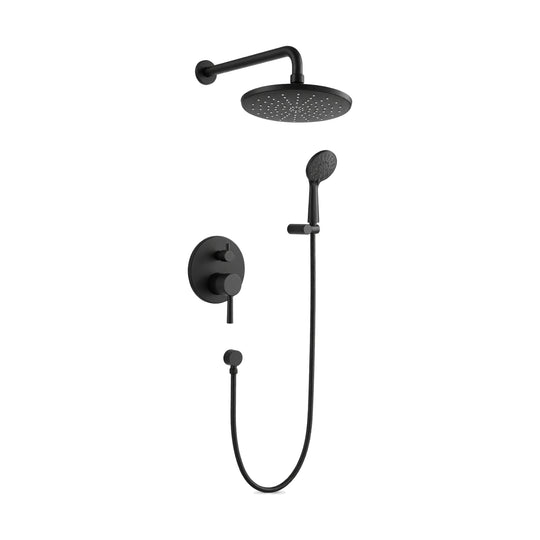 Matte black concealed shower with round lever-and-diverter plate, round rain head, handheld and wall outlet — SANIKB DL-08 526-BK