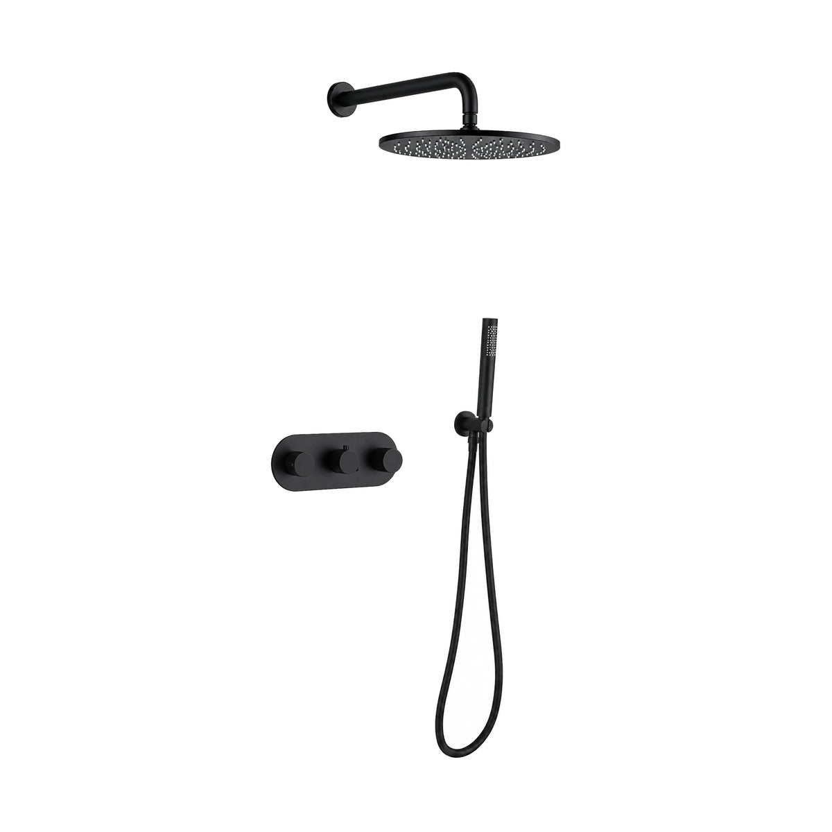 Matte black concealed shower, three round knobs on round-ended plate, round rain head and stick handheld — SANIKB DL-08 541-BK