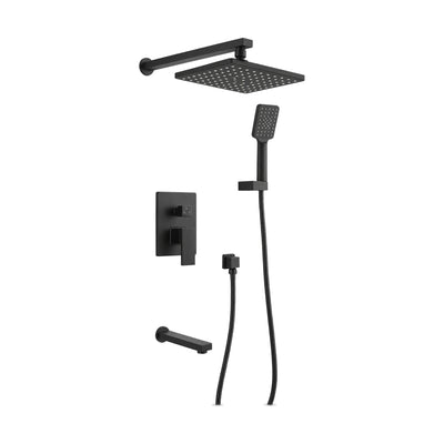 Matte black concealed shower with square lever plate, square rain head and handheld, and wall tub spout — SANIKB DL-08 606-BK