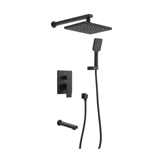 Matte black concealed shower with square lever plate, square rain head and handheld, and wall tub spout — SANIKB DL-08 606-BK