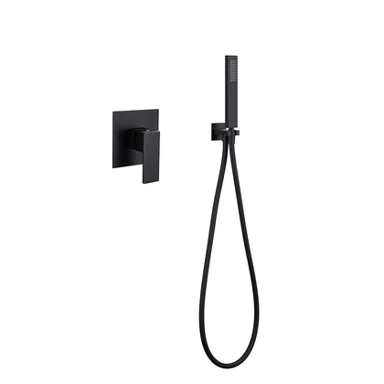 Matte black concealed shower faucet for shower, stainless steel, square handheld wand on coiled hose — SANIKB FYF-9011-3.