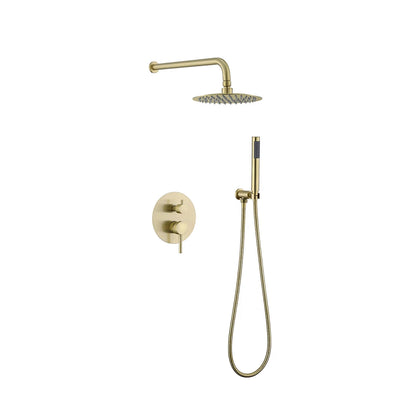 Brushed gold concealed shower faucet for the shower, stainless steel body, round rain head and twin-lever mixer — SANIKB FYF-9012-1.