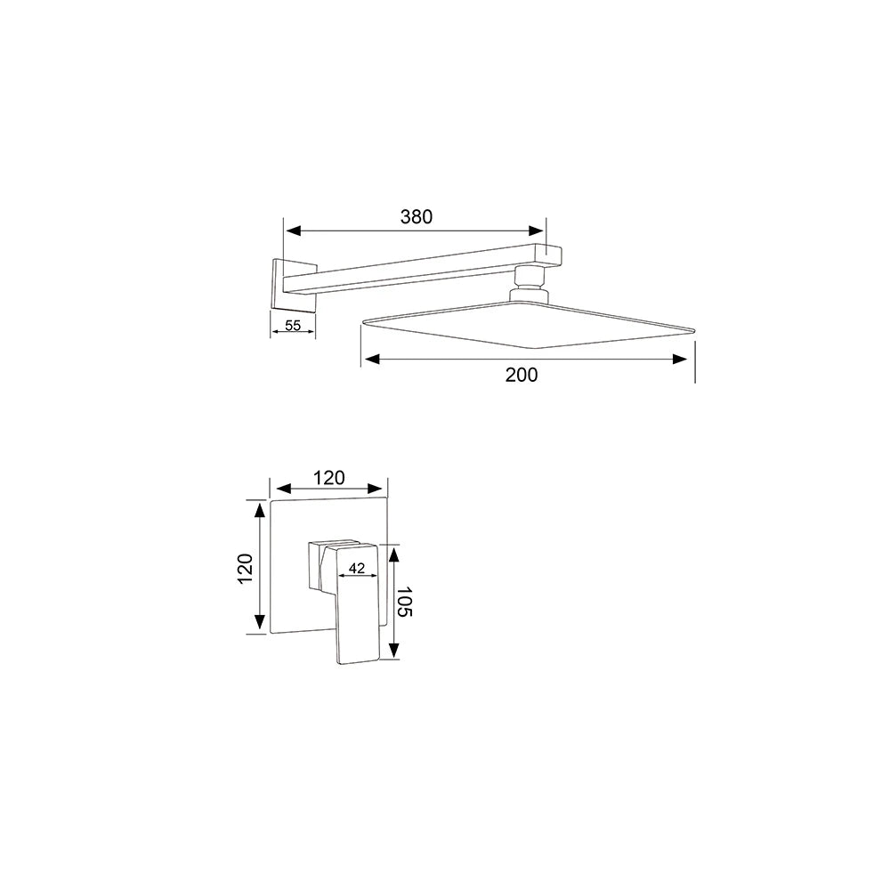 Dimensioned spec drawing for SANIKB FYF-9011-3 concealed shower faucet, 380mm arm, 200mm square head, 120mm valve plate.