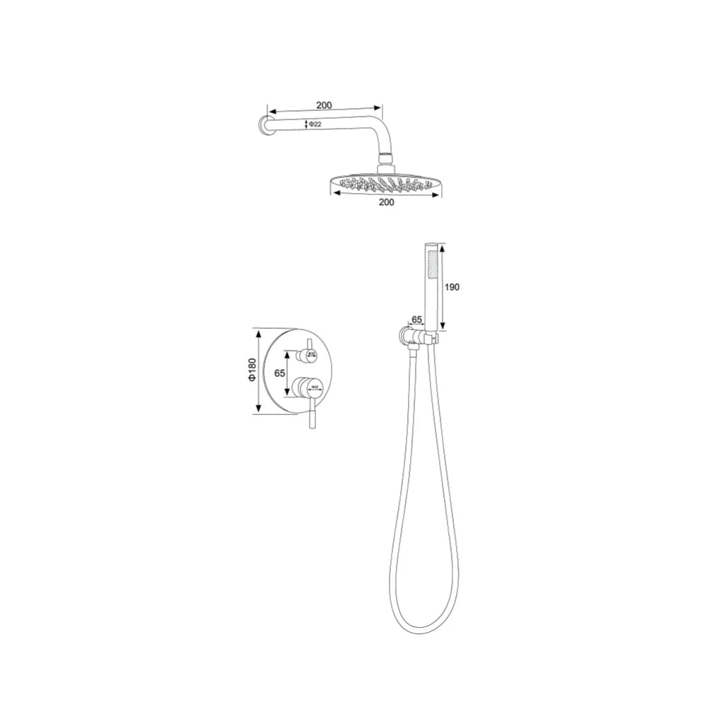Dimensioned spec drawing for SANIKB FYF-9012-1 concealed shower faucet: 200mm arm, Ø200 rain head, Ø180 mixer plate, 190mm handheld.