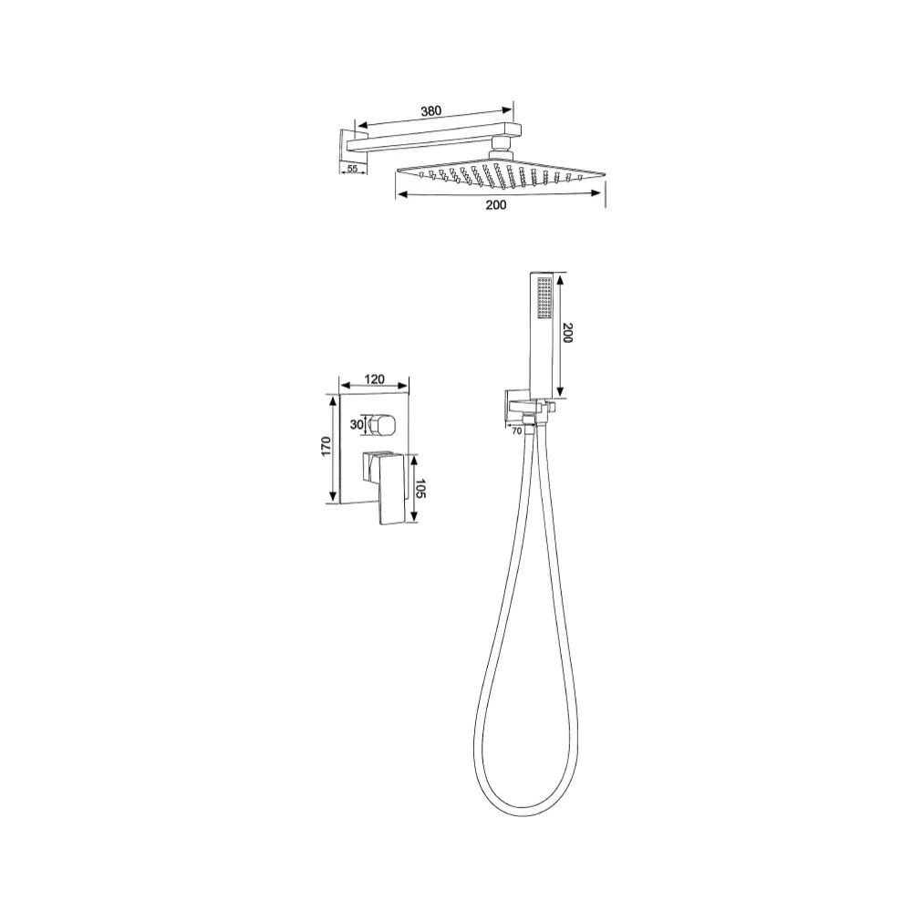 Dimensioned spec drawing for SANIKB FYF-9012-3 concealed shower faucet: 380mm arm, 200mm square rain head, 170mm mixer trim.
