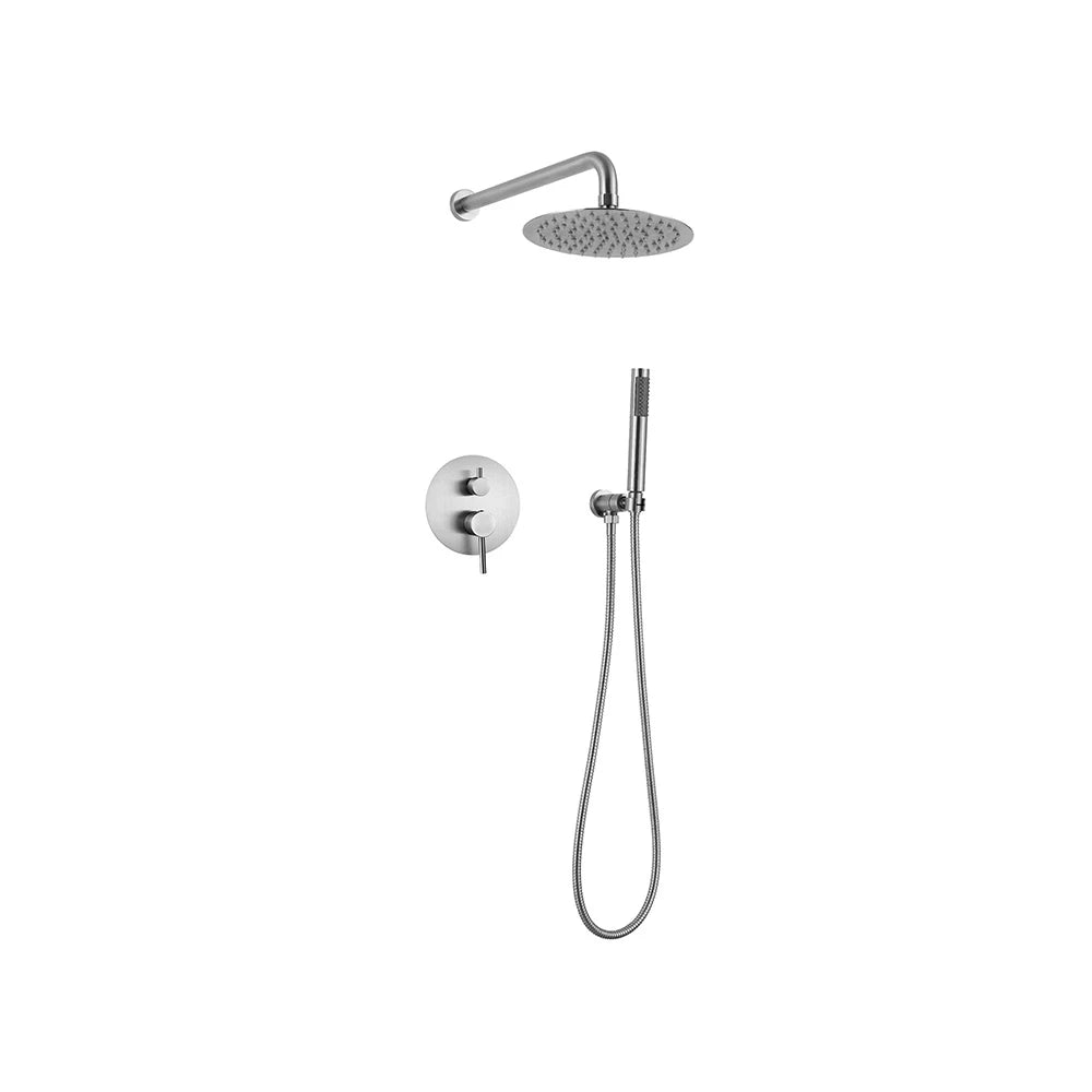 Brushed nickel concealed shower faucet for the shower, stainless steel body, round rain head and handheld wand — SANIKB FYF-9012-1.