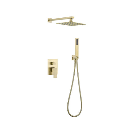 Brushed gold concealed shower faucet for shower, stainless steel body, square rain head with handheld — SANIKB FYF-9012-3.