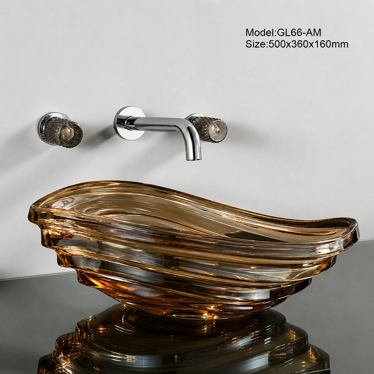 Amber conch-shaped glass vessel sink with chrome wall faucet, 500mm seashell basin