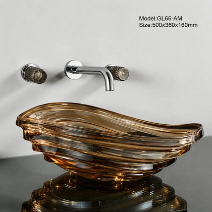 Amber conch-shaped glass vessel sink with chrome wall faucet, 500mm seashell basin