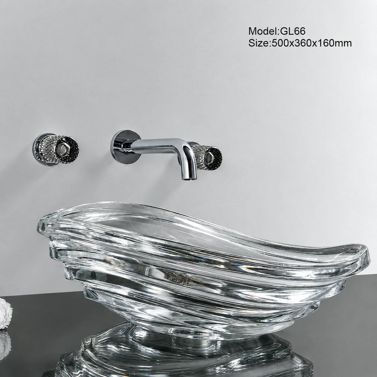Clear conch-shaped glass vessel sink with chrome wall faucet, 500mm seashell art basin