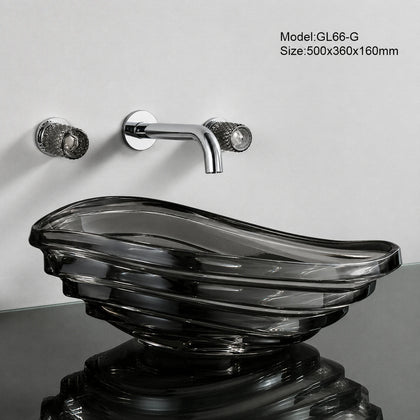 Smoke grey seashell glass vessel sink with chrome wall-mount faucet, 500mm bowl