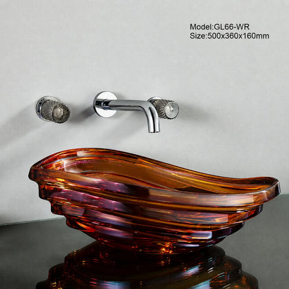 Wine red amber seashell glass vessel sink with chrome wall faucet, conch basin