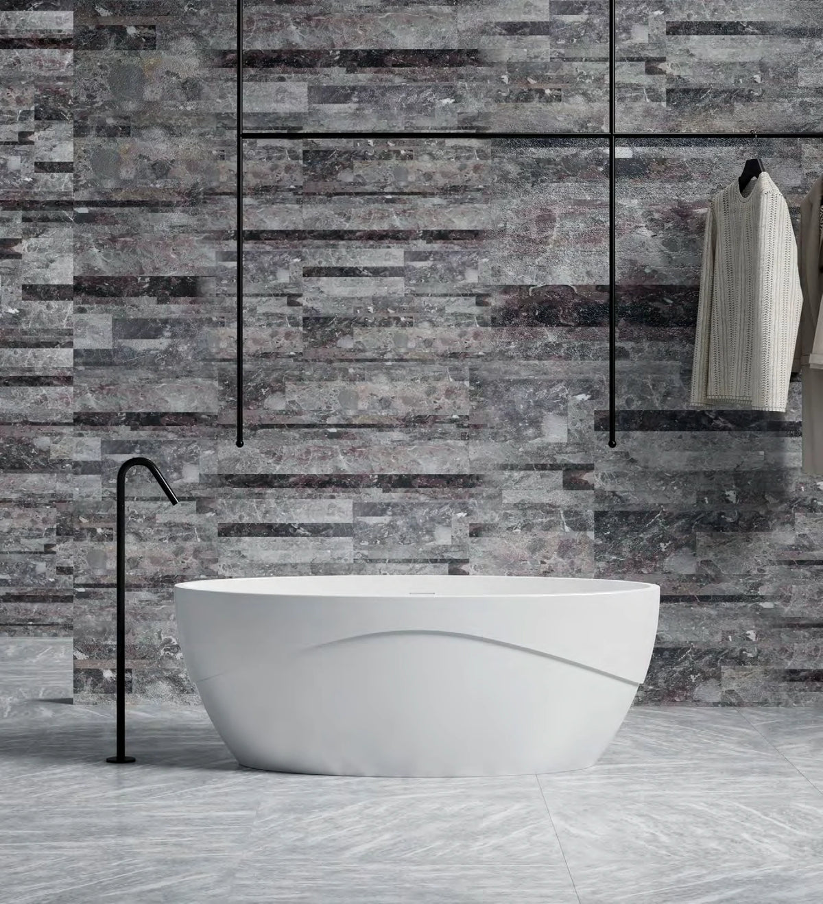 Curved Accent Oval Solid Surface Bathtub - XA-8809; complete factory model view