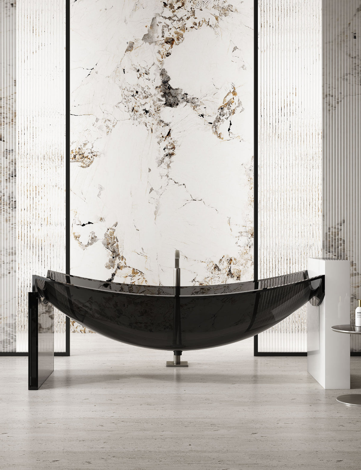 Dark Curved Bathtub on Slim End Supports; original factory model TW-8997T-1 complete product view