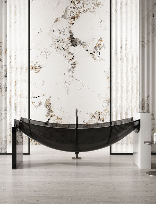 Dark Curved Bathtub on Slim End Supports; original factory model TW-8997T-1 complete product view