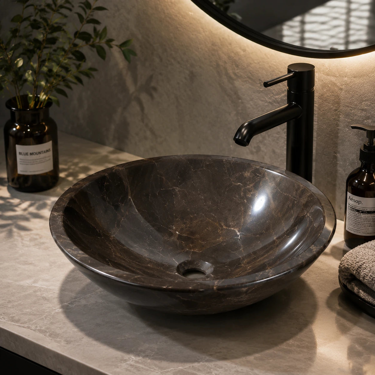 Dark Emperador Marble Oval Vessel Basin 16.5×5.5