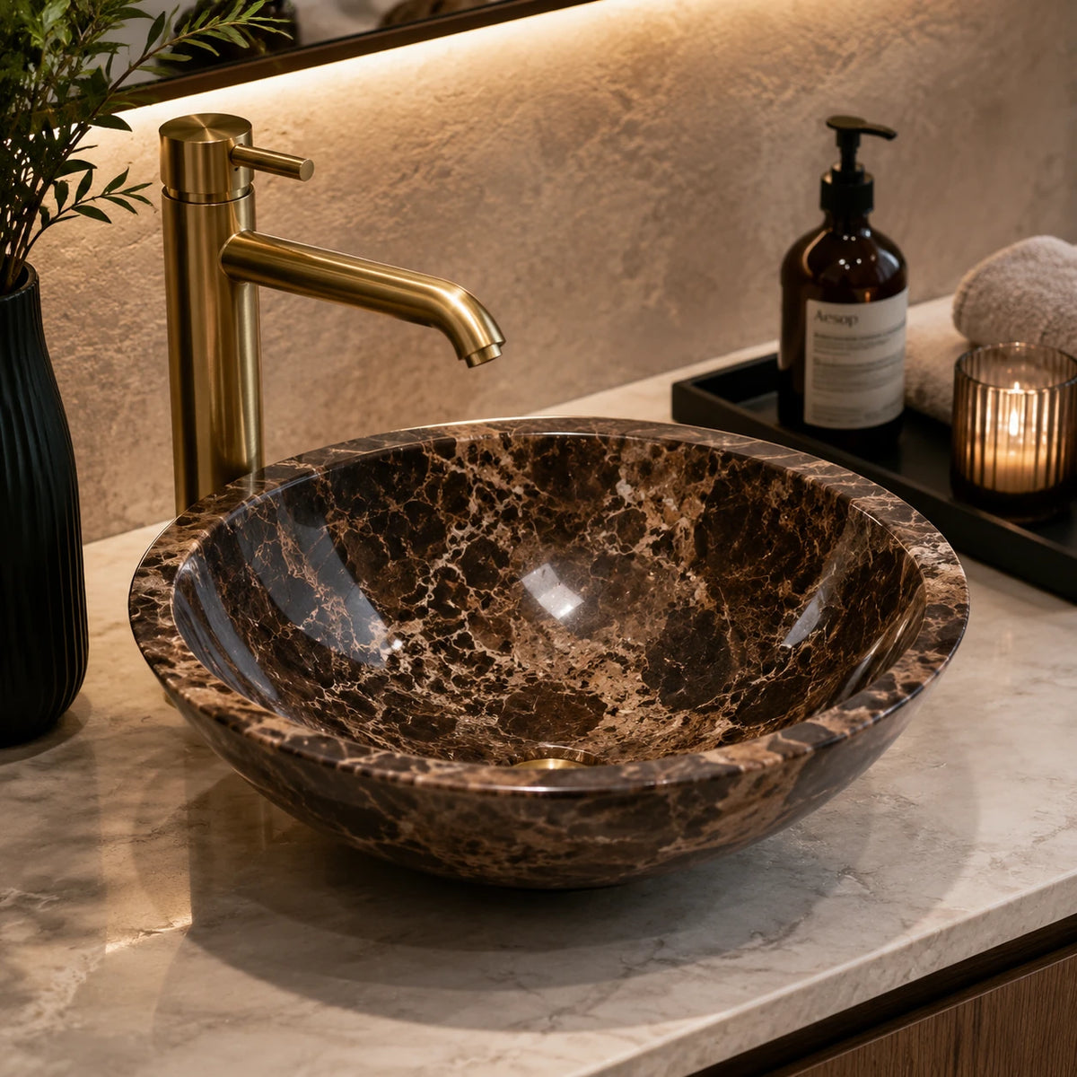 Dark Emperador Marble Round Vessel Basin 16.5×5.5