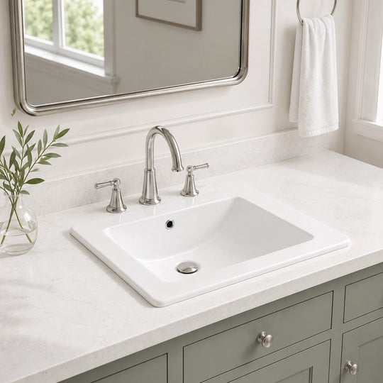 Drop in ceramic bathroom sink installed in a styled bathroom — lifestyle scene, SANIKB SN5011.