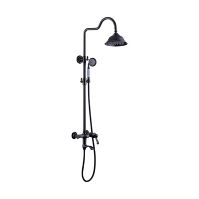 Antique brass shower column with gooseneck riser, bell-shaped rain head, ceramic-look handheld, tub spout — SANIKB DL-08 017-BB