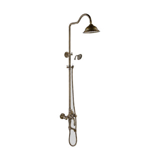 Antique brass exposed shower with bell rain head, gooseneck riser, ceramic-look handheld and tub spout — SANIKB DL-08 128-FG
