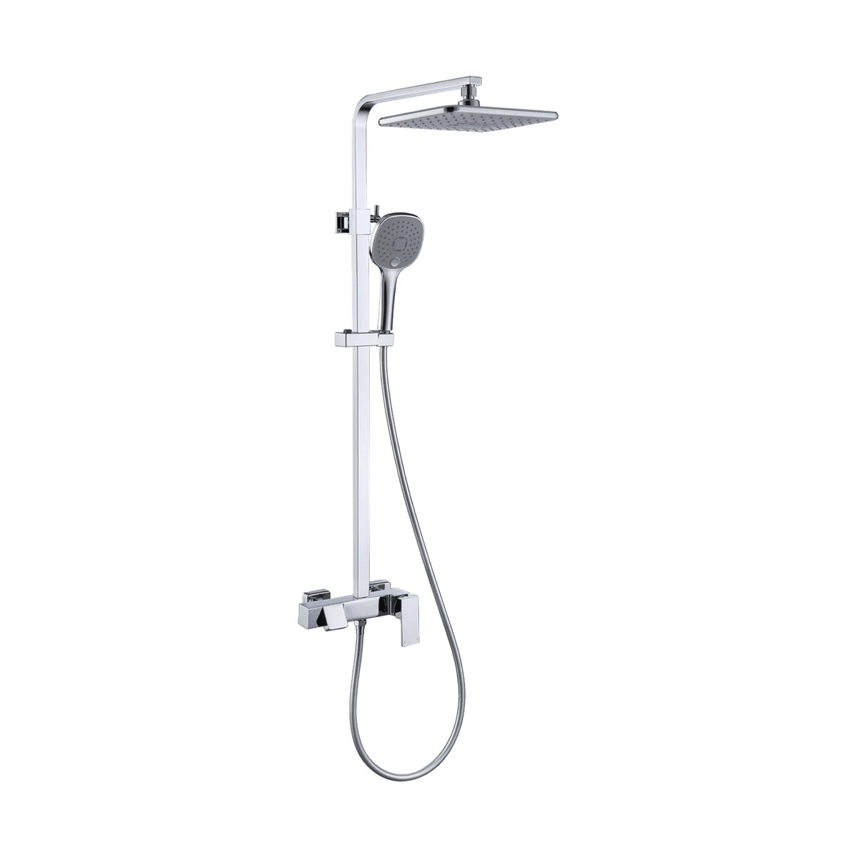 Chrome — Square exposed shower system with rounded-square rain head, square handheld and square bar mixer with spout — SANIKB DL-08 992-CP
