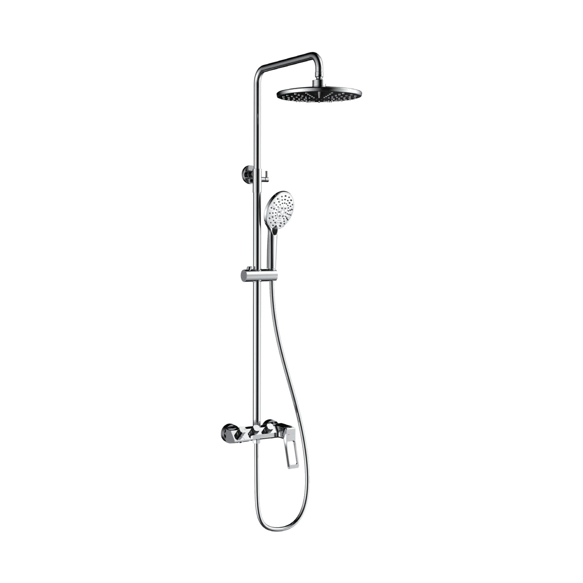Chrome — Exposed shower system with round rain head, round handheld and open frame lever mixer with knurled knobs — SANIKB DL-08 120-CP