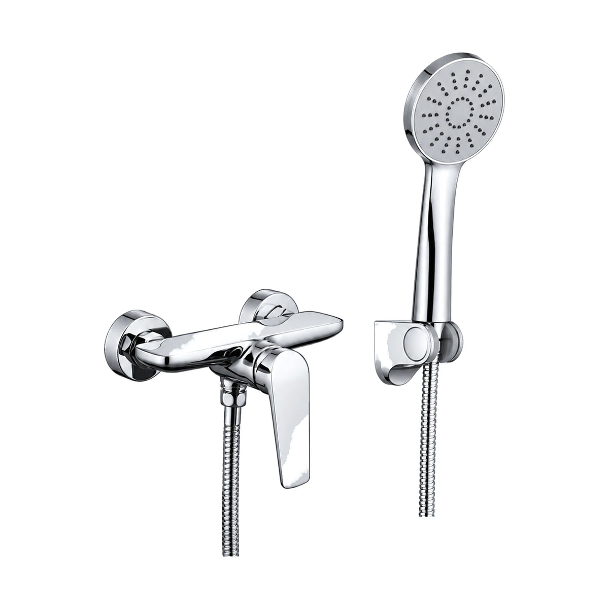 Chrome exposed wall shower mixer with rounded body, blade lever and round handheld on wall bracket — SANIKB DL-08 049-CP
