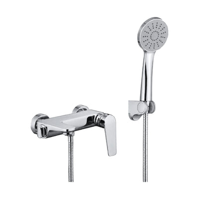 Chrome flat-top exposed shower mixer with blade lever, hose and round handheld on separate wall bracket — SANIKB DL-08 212-CP