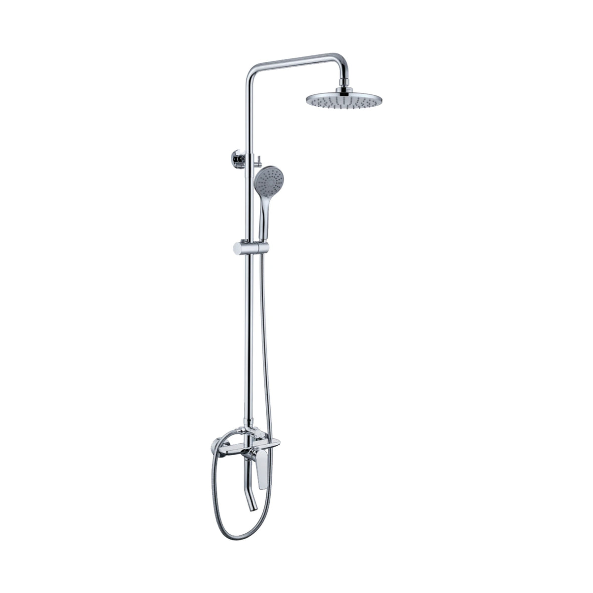 Matte black exposed shower system with round rain head, slide-bar handheld and curved tub spout under mixer — SANIKB DL-08 048-CP